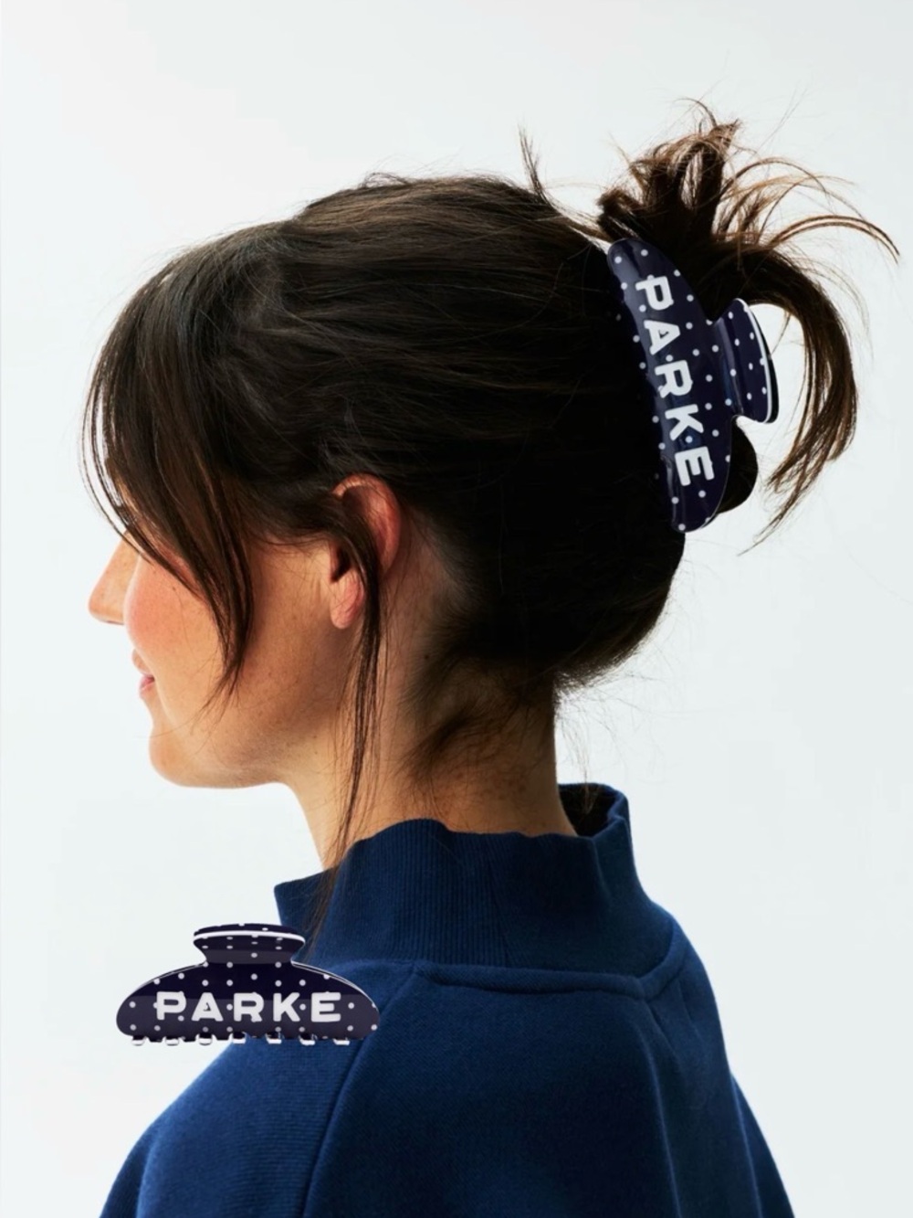 Brand New Parke Claw Clip in Denim Polka Dot